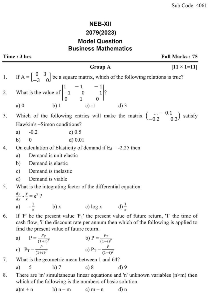 Class 12 Math Model Question 2080 Management 1