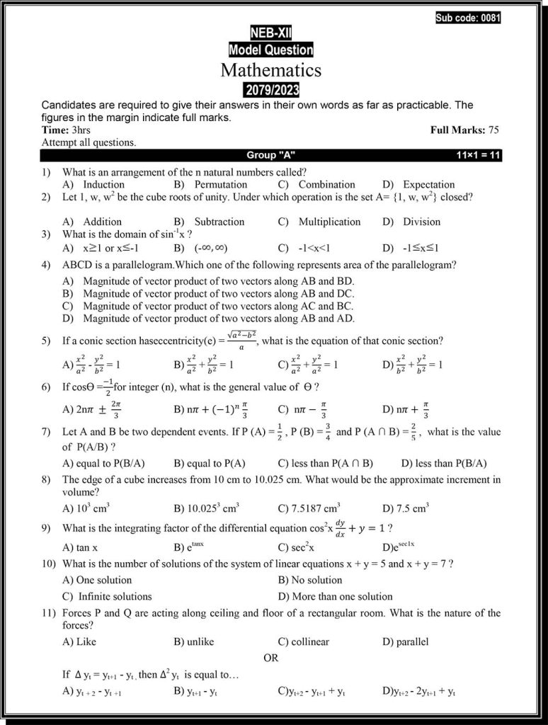 Class 12 Math Model Question 2080 Science