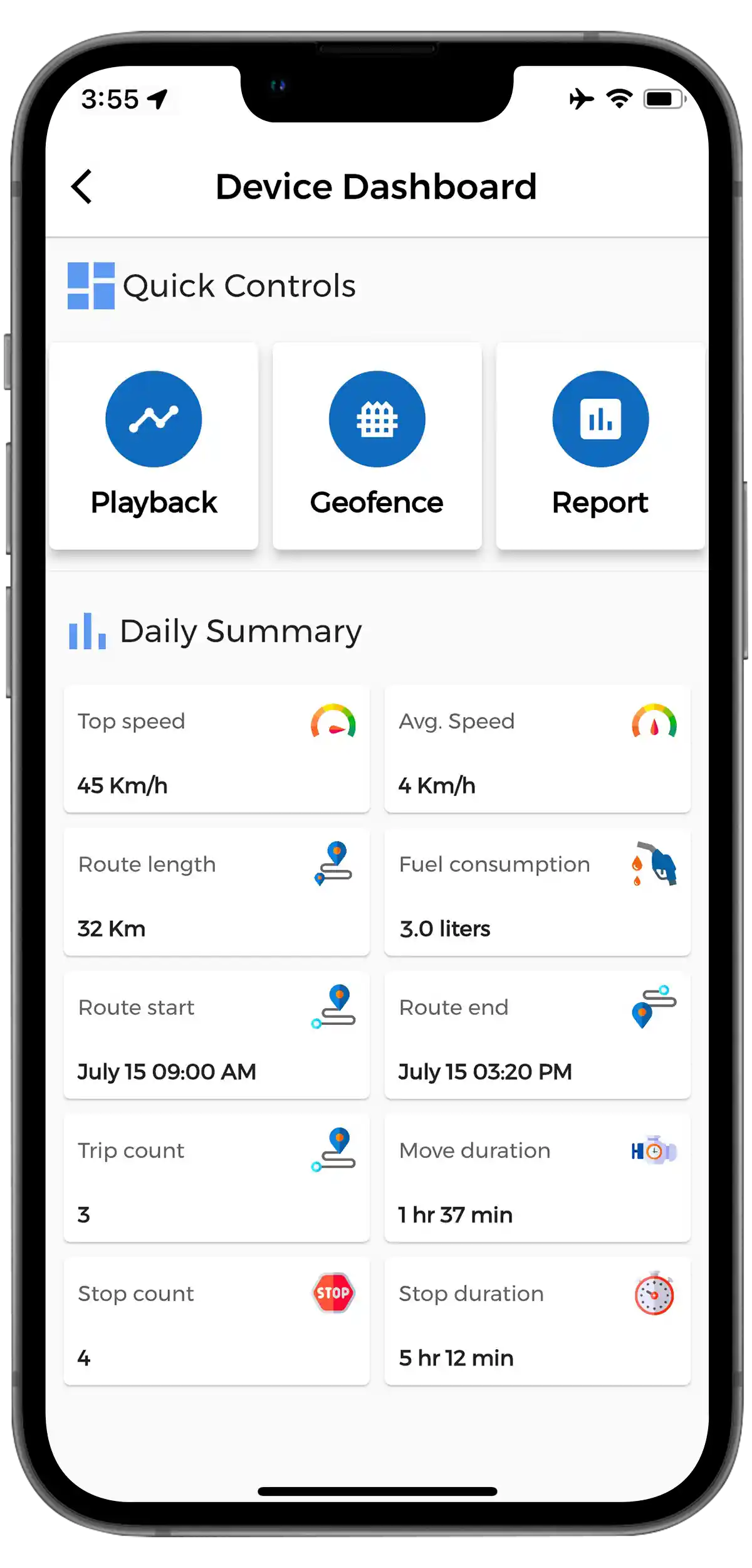 Trackon GPS Mobile App Dashboard View